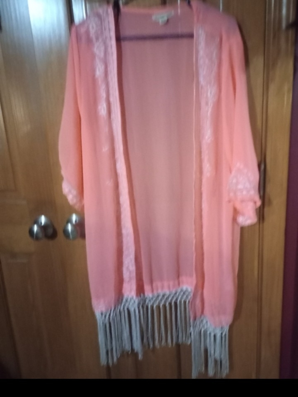Beach By Exist Peach Sheer Lace-Trim Kimono Robe with Fringe